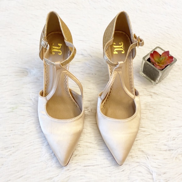 JG Shoes Jg Satin Gold Glitter Pointed Toe Heel Stiletto Dress Shoe